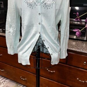 Blue Cardigan Sweater with Embellished Neckline